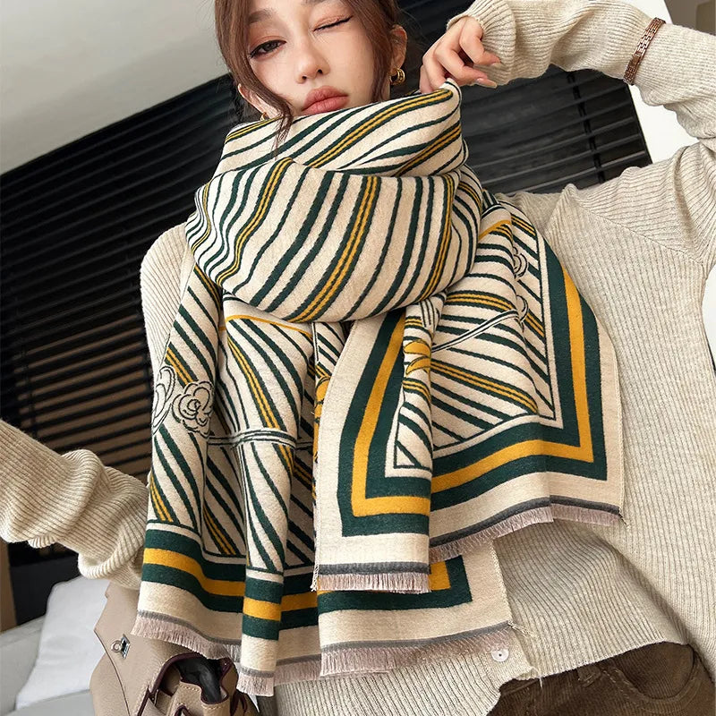 women's elegant simple style stripe flower imitation cashmere scarf