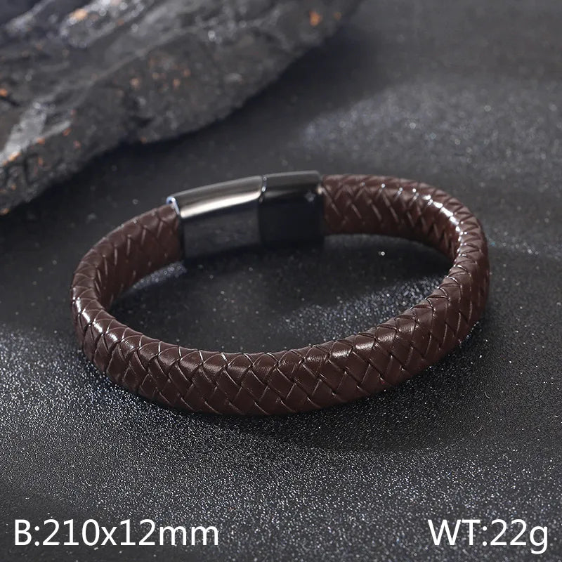 Business Retro Solid Color Stainless Steel Leather 18K Gold Plated Men's Bangle