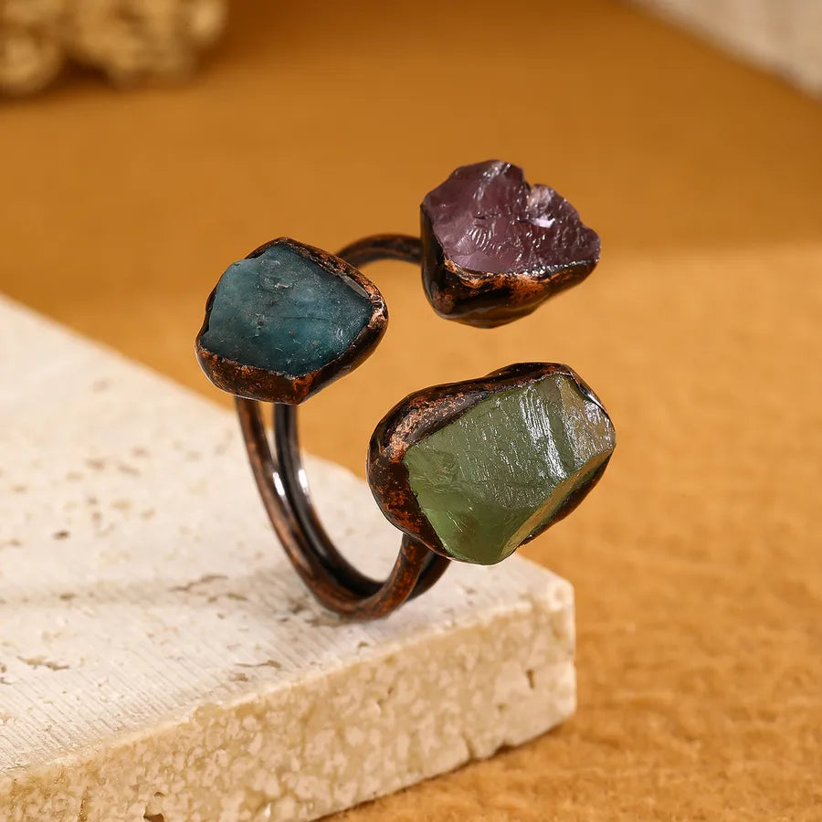 Retro Baroque Style Geometric Copper Natural Stone Crystal Open Rings In Bulk