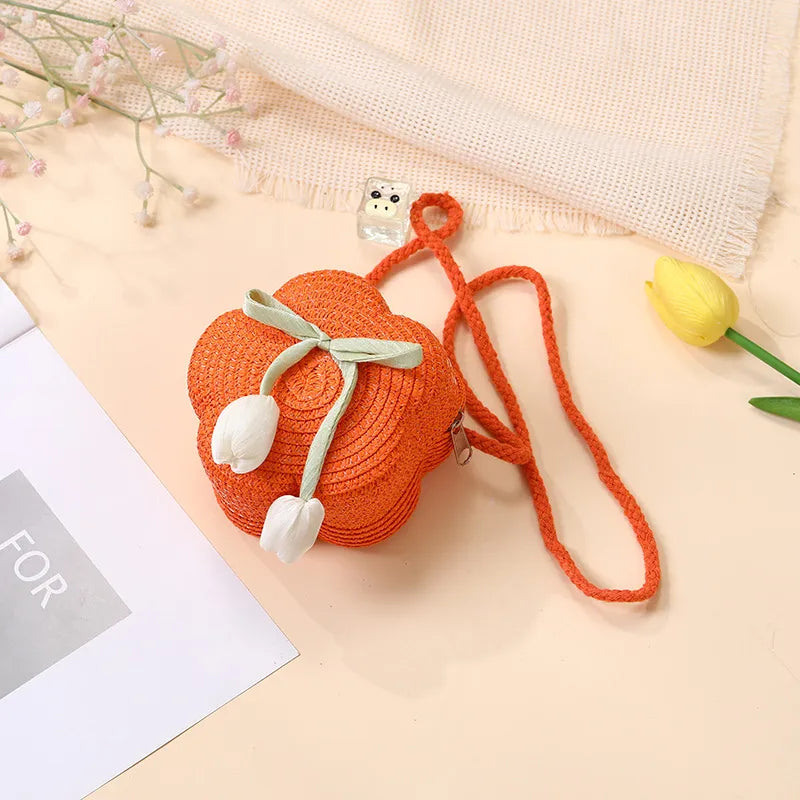 Summer Beach Seaside Tulip Straw Woven Bag  New Children Flower Straw Bag Mobile Phone Crossbody Bag
