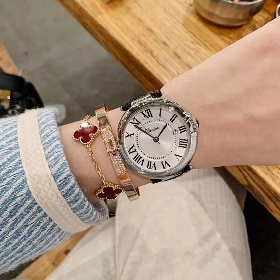 Dimini Couple Watches Genuine Leather Waterproof Men's Watch Simple Elegant Quartz Watch Mineral Strengthened Glass Mirror