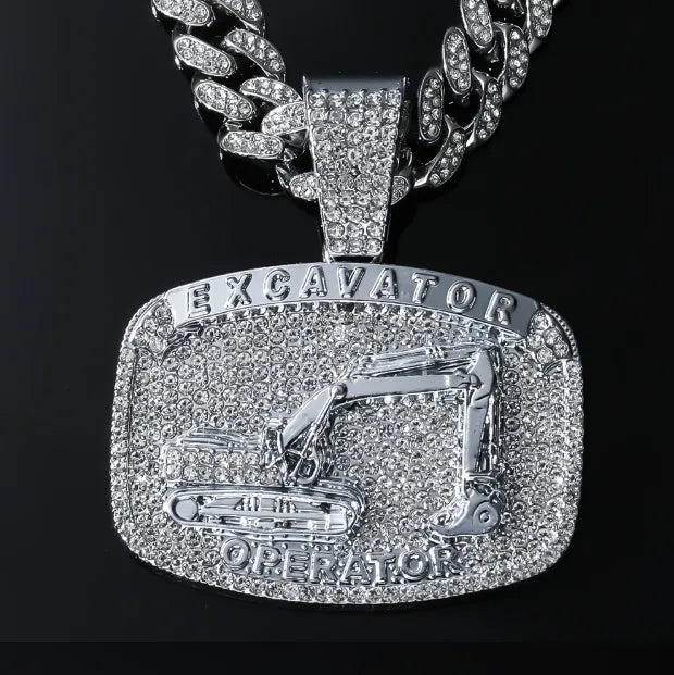 New Full Diamond Excavator Card Pendant Matching Cuban Link Chain  Hip Hop Nightclub Disco Dancing Decorative Necklace