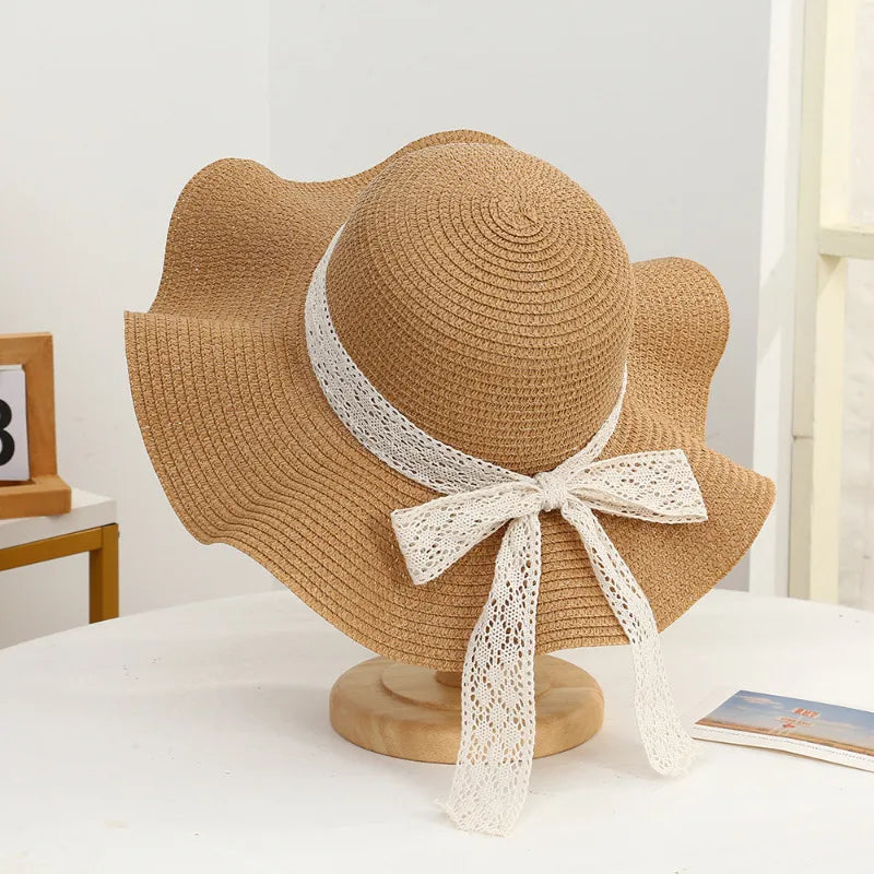 Summer Butterfly Knot Sash Straw Hat Beach Outing Sunscreen UV Protection Sun Hat Simple Design Other Print Adult Cap
