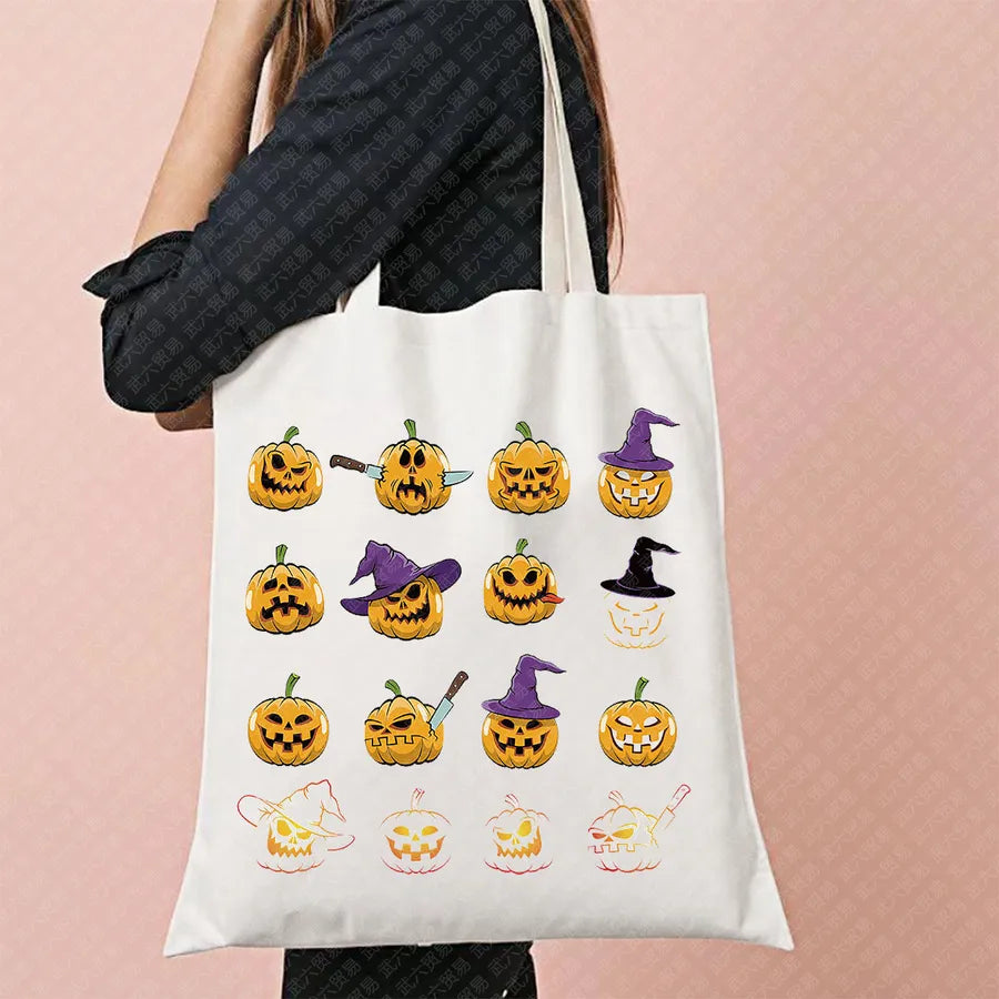 Scary Cat Halloween Pumpkin Pattern Canvas Tote Bag Reusable Shopping Bag Large Square Shape Double Shoulder Strap Tote Bag