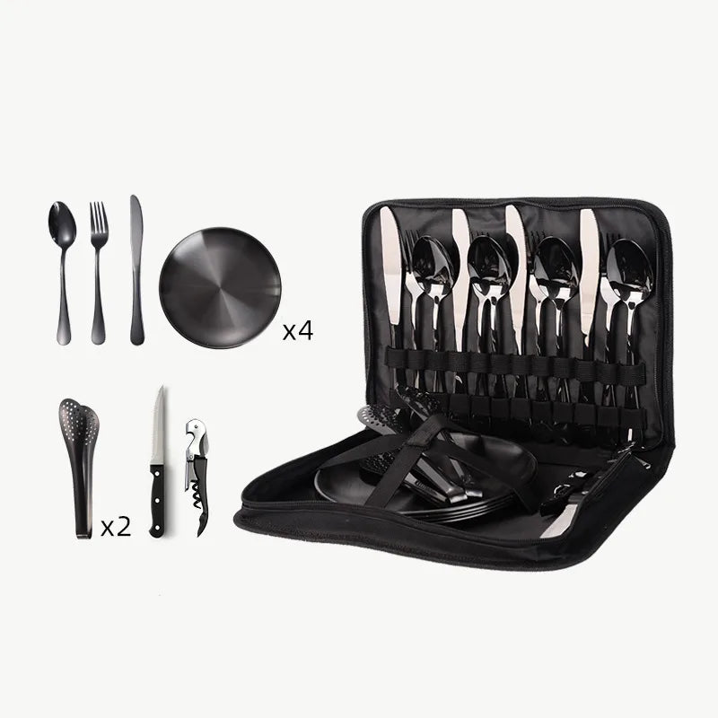 Outdoor travel stainless steel tableware camping picnic barbecue plate clip steak knife, fork and spoon suit portable storage bag