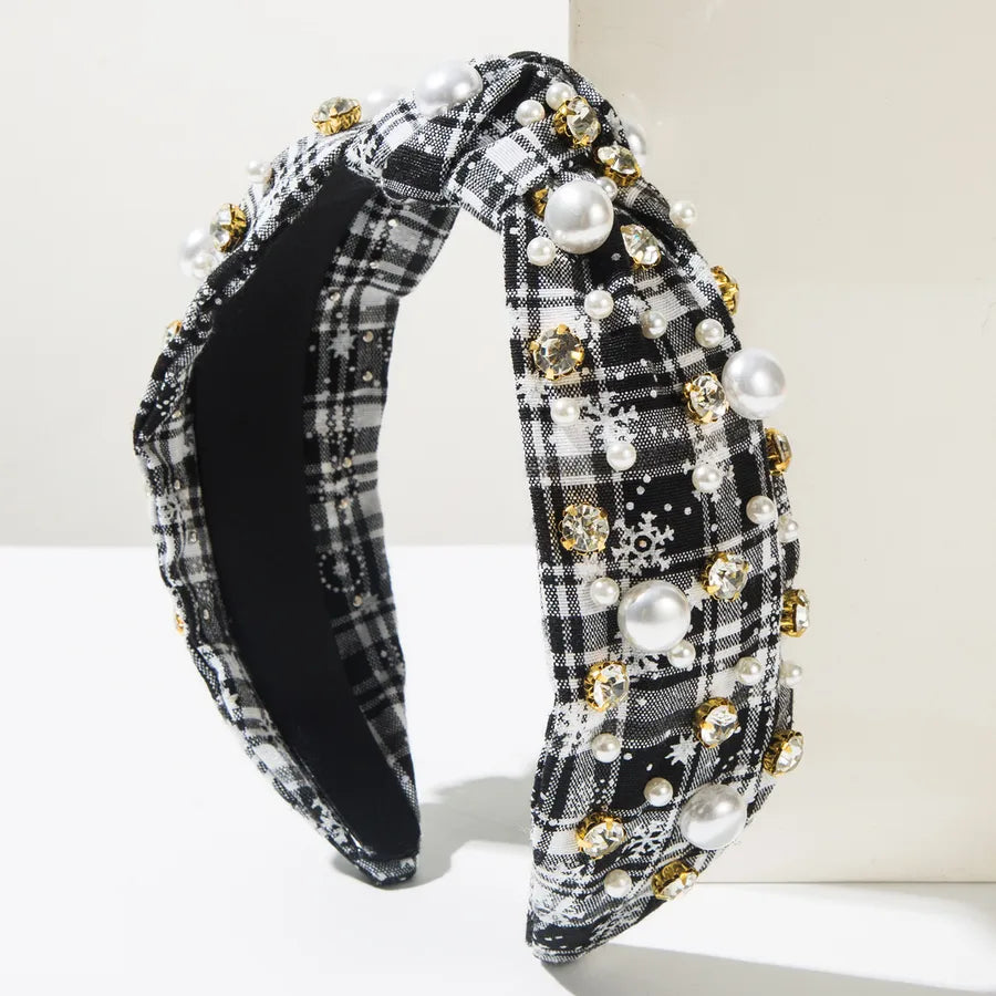 Creative Christmas Series Headband Color Block Plaid Fabric Knot Wide Edge Pearl Embedded Fashionable Women's Hair Accessories