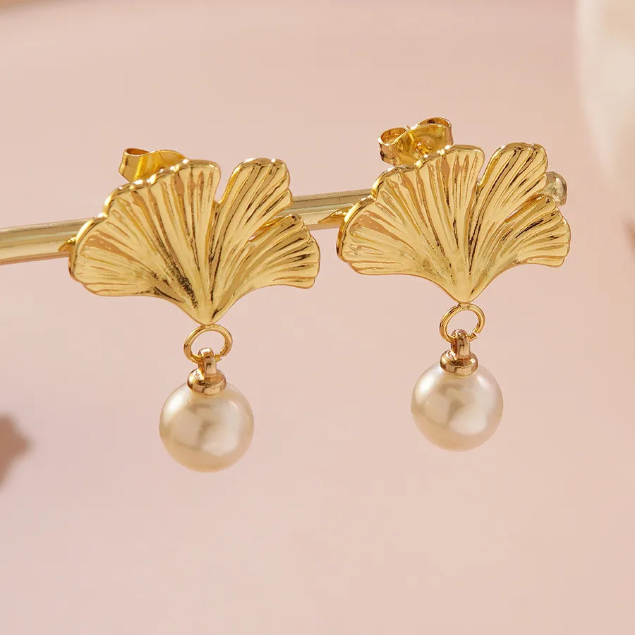 1 Pair Elegant Sweet Flower Ginkgo Leaf 304 Stainless Steel Imitation Gold  Drop Earrings