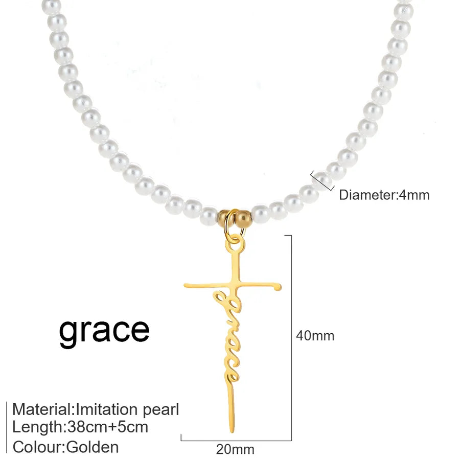 Elegant Simple Style Cross Letter 304 Stainless Steel Imitation Pearl Beaded Chain Beaded Necklaces Wholesale