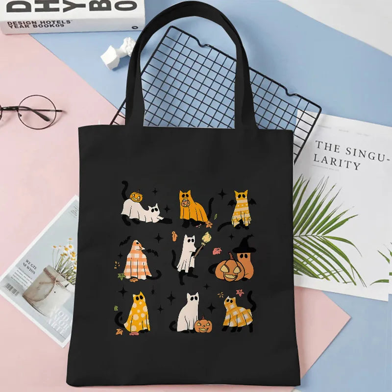 Cute Cat Halloween Party Bag Women Ghost Canvas Tote Bag Harajuku Fashion Shopping Bag Square Shape Large Size Retro Print