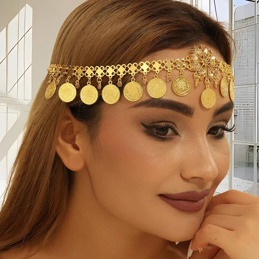 Fashionable Gold Diamond Embedded Arab Headband Indian Style Bridal Accessory Alloy Waterdrop Pattern Women's Headwear
