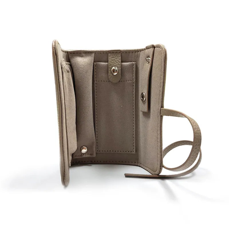 Portable Folding Jewelry Storage Bag Women's Convenient Carry-On Earring Ring Jewelry Roll Bag Leather Pure Color Jewelry Box