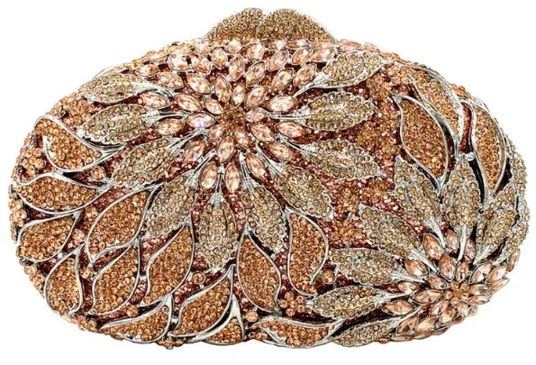 Silver Champagne Rhinestone Metal Leaves Flower Hollow Diamond Oval Evening Bags
