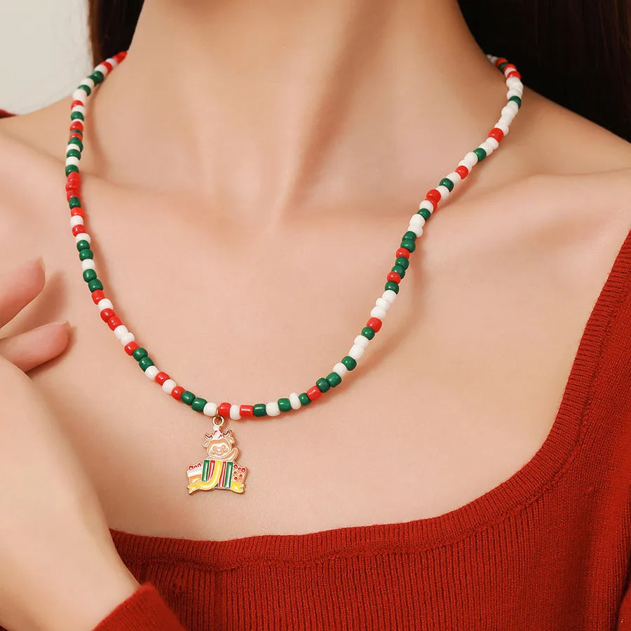 Christmas Themed Double Layered Necklace With Santa Claus Design Glass Beads Clavicle Chain Jewelry Accessory For Unisex Use