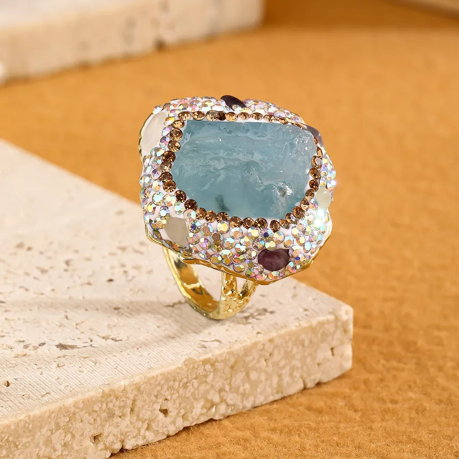 Elegant Vacation Handmade Irregular natural stone Crystal Copper Asymmetrical Irregular Natural Stone Crystal 14K Gold Plated Women's Open Rings