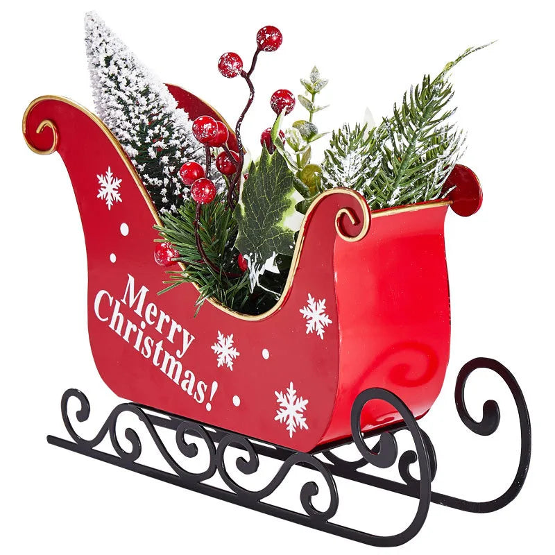 New Christmas Sleigh Car With Light Miniature Desktop Decoration Iron Art Scene Window Christmas Ornament Folk Style Music Box