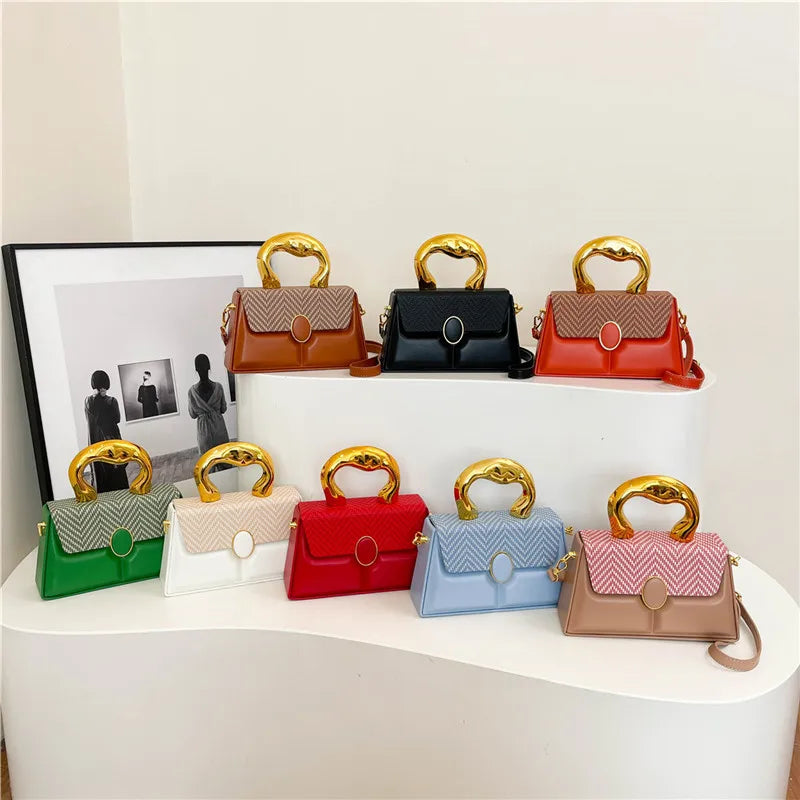 Women's Small Pu Leather Stripe Classic Style Square Magnetic Buckle Handbag Crossbody Bag