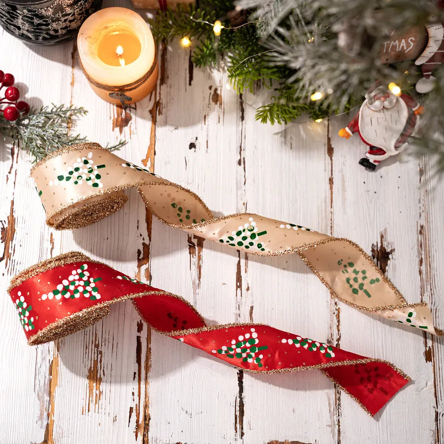 HaoBei New Print Onion Powder Small Tree Woven Belt Christmas Satin Ribbon Christmas Tree Flower Ring Decoration Silk Ribbon Arrangement Colorful Belt