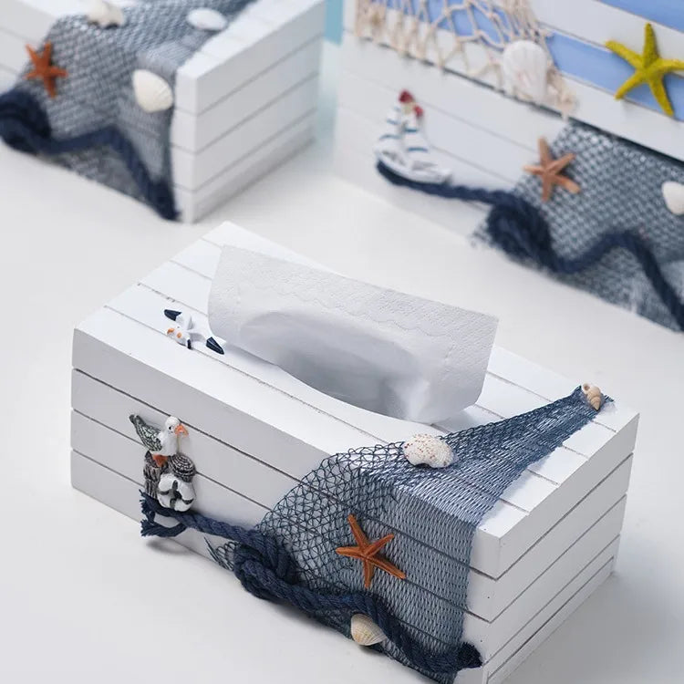 Marine Style Starfish Rudder Wood Tissue Box