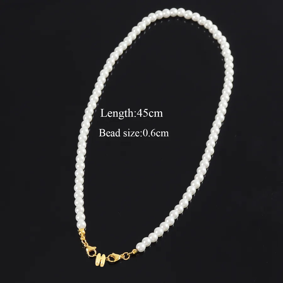 304 Stainless Steel Artificial Pearl Beaded Chain Letter Pendant Necklace