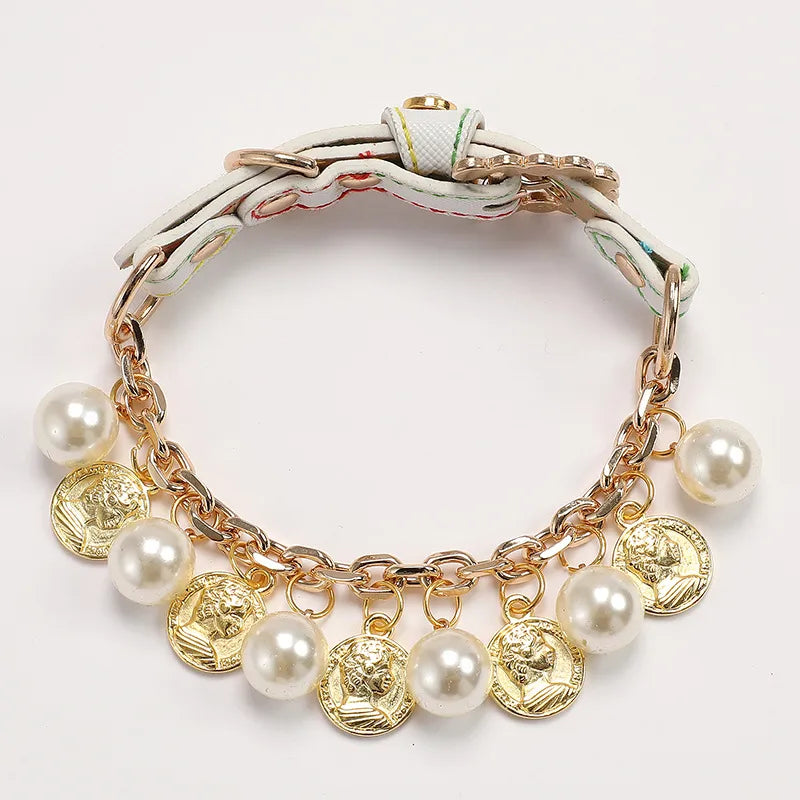 1 Piece All Seasons Elegant Cute Pu Leather Pearl Leash Pet Collar