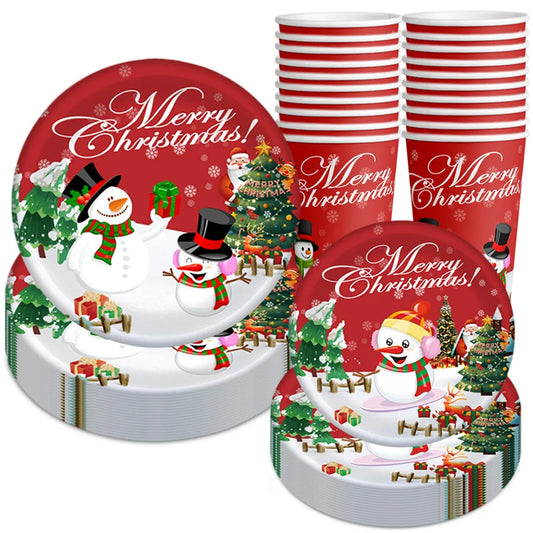 Christmas Theme Party Decoration Snowman Customized Paper Cups Plates Knives Forks Spoon Props Festive Cartoon Style