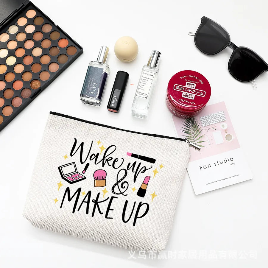 new modern simple style letter printing cotton and linen waterproof cosmetic bag   zipper storage bag