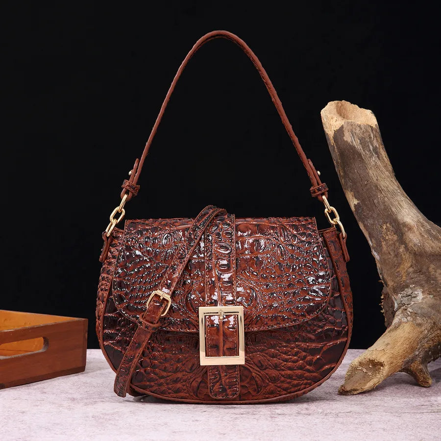 Women's Medium Pu Leather Crocodile Elegant Vintage Style Oval Buckle Crossbody Bag