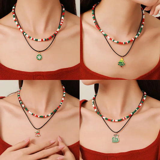 Christmas Themed Double Layered Necklace With Santa Claus Design Glass Beads Clavicle Chain Jewelry Accessory For Unisex Use