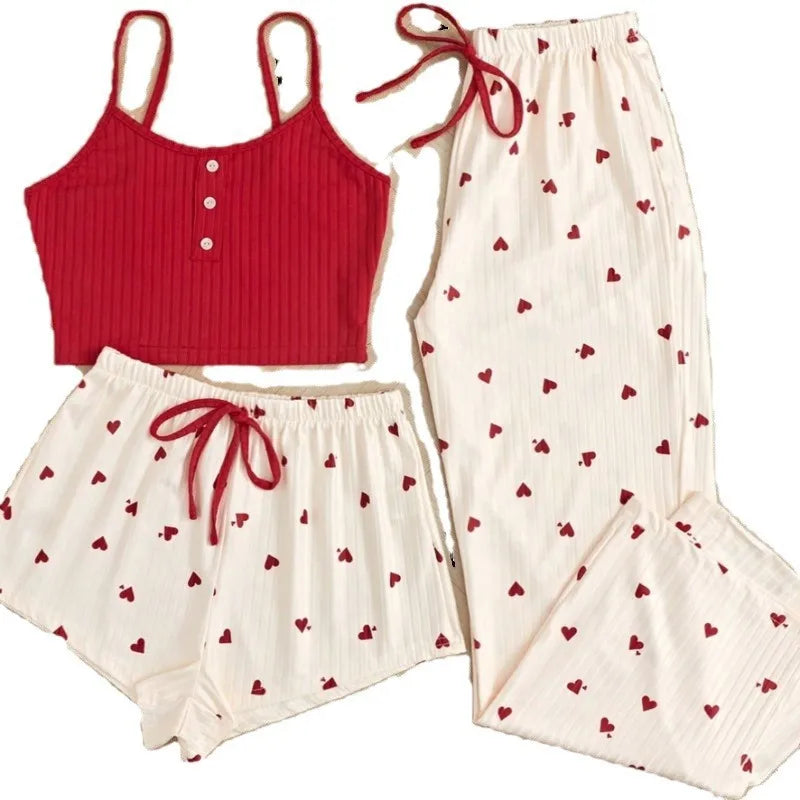 New Heart Shaped Women's Sleepwear Set Cute Summer Home Clothes Three Piece Sweet Style Comfortable Sexy V Neck Sleeveless