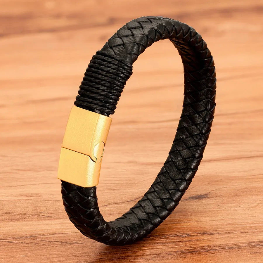 Streetwear Geometric 304 Stainless Steel Leather Plating Men's Bracelets Men Cord & Leather Bracelets
