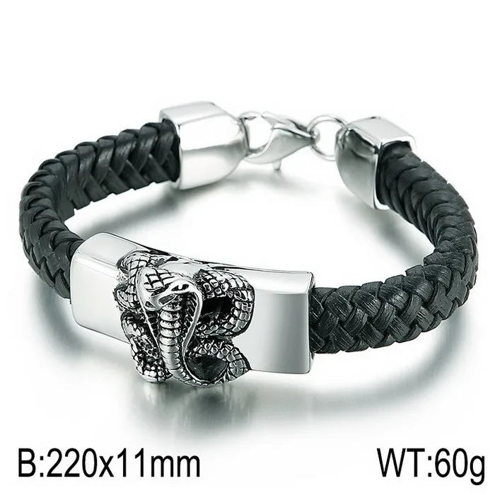 hip-hop retro color block pu leather titanium steel braid men's bangle
