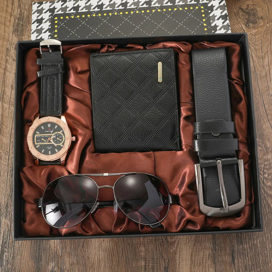 Solid Color Buckle Quartz Men's Watches Gift Set