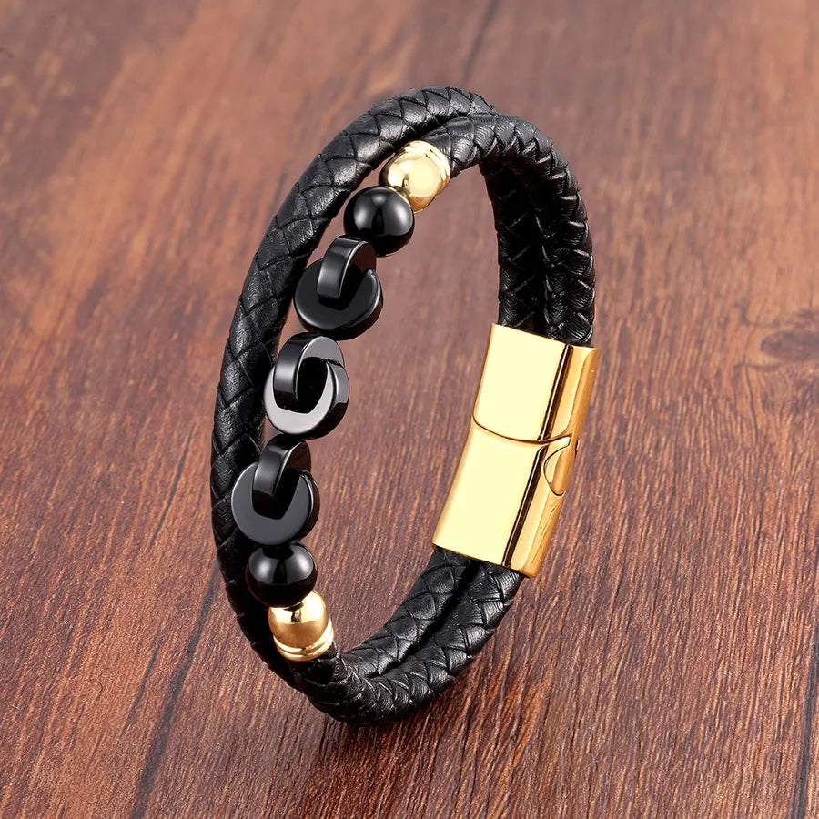 vintage style classic style round leather rope stone metal handmade metal button men's bracelets