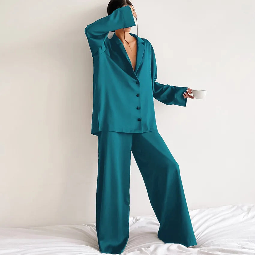 women's fashion solid color imitated silk polyester pants sets