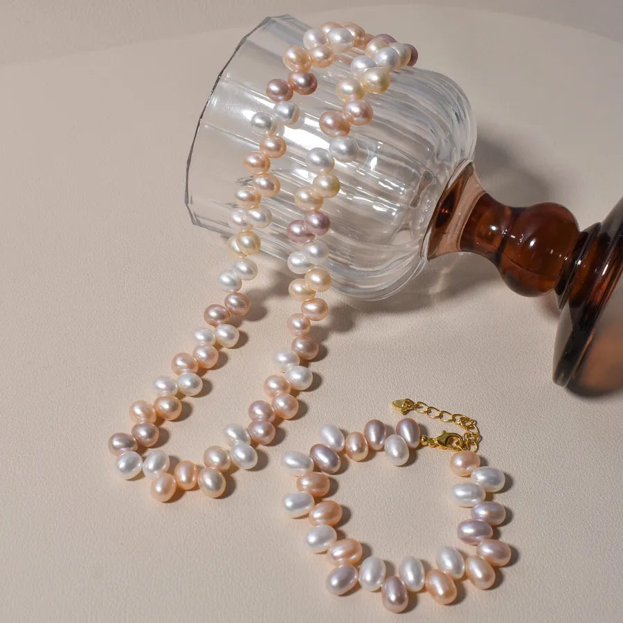 Natural Freshwater Pearl Rice Bead Necklace Bracelet Women's Mixed Color Three-Hole Candy Style Jewelry Simple Design