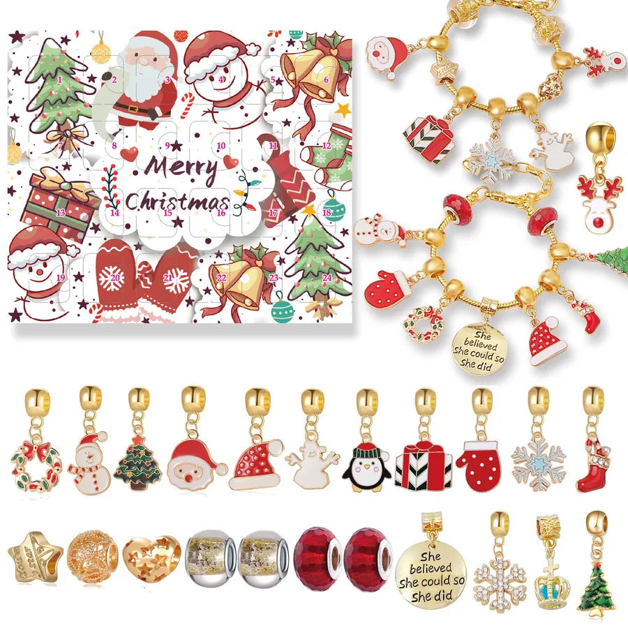 Christmas Themed Bead Bracelet Necklace Set Countdown Calendar Accessories DIY Original Design Alloy Santa Snowman Deer Gifts
