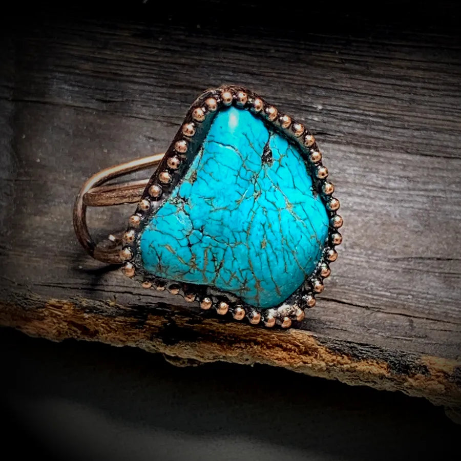 Vintage Style Baroque Style Asymmetrical Irregular turquoise Black Meteorite Asymmetrical Irregular Handmade Turquoise Black Meteorite Women's Open Rings