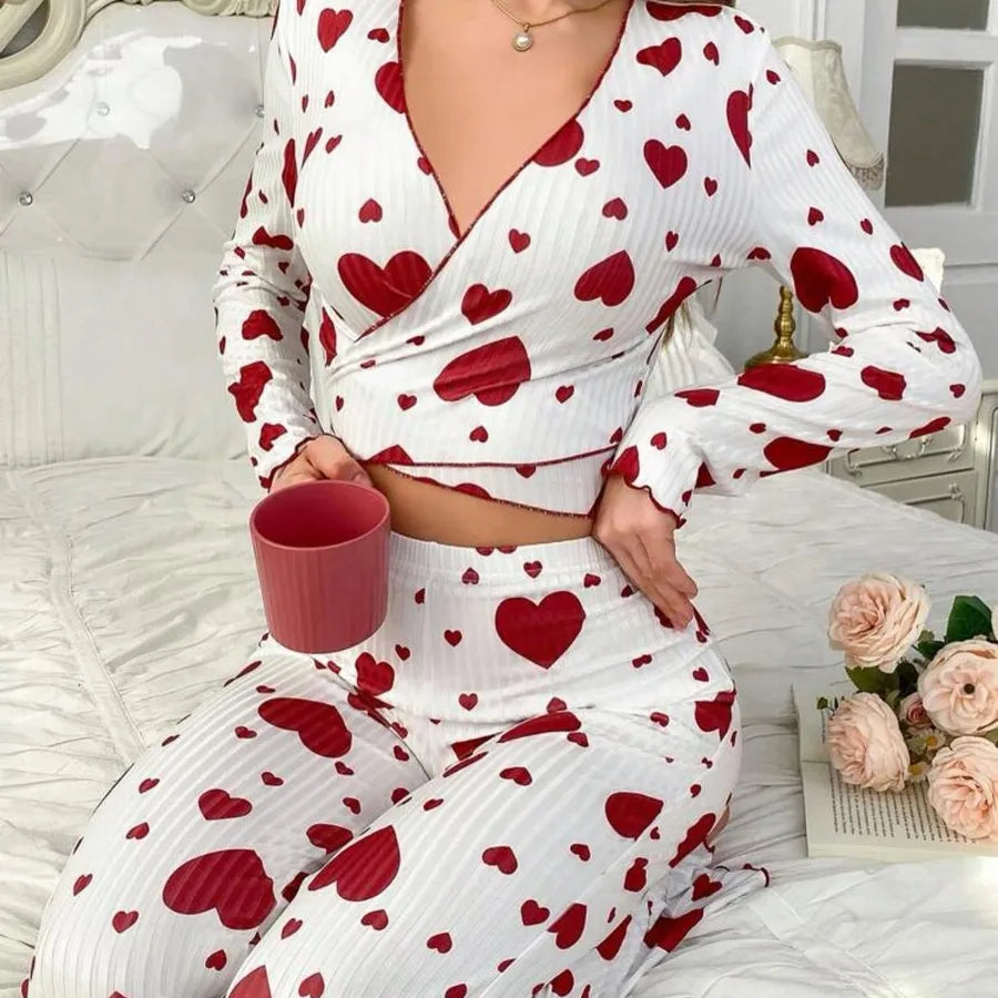New European Style Home Clothes Set Women's Long Sleeve V-Neck Heart Print Two-Piece Suit Sweet Pure Desire Sleepwear