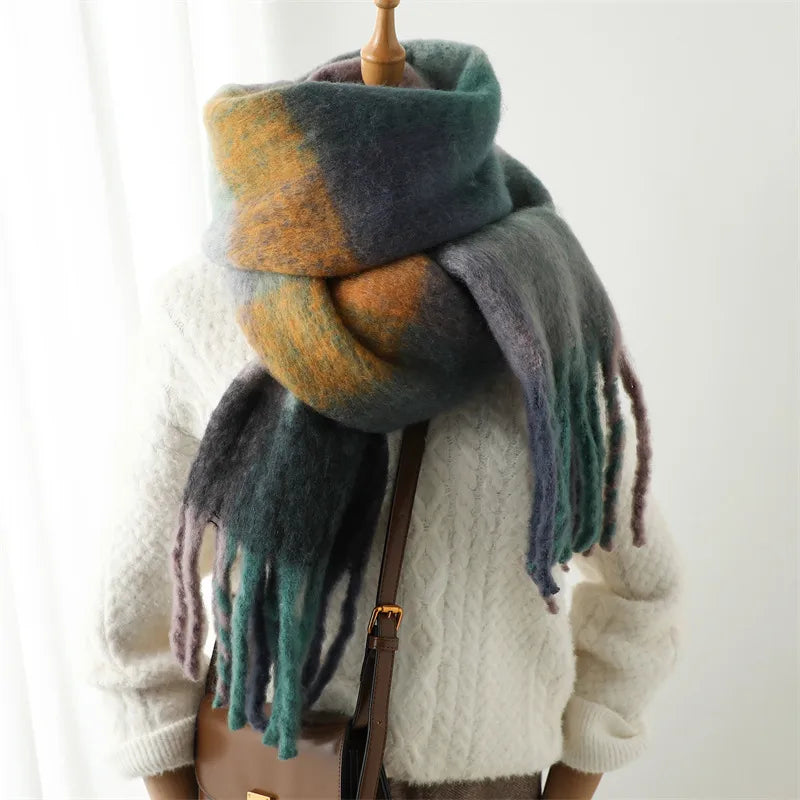 women's casual plaid imitation cashmere tassel scarf