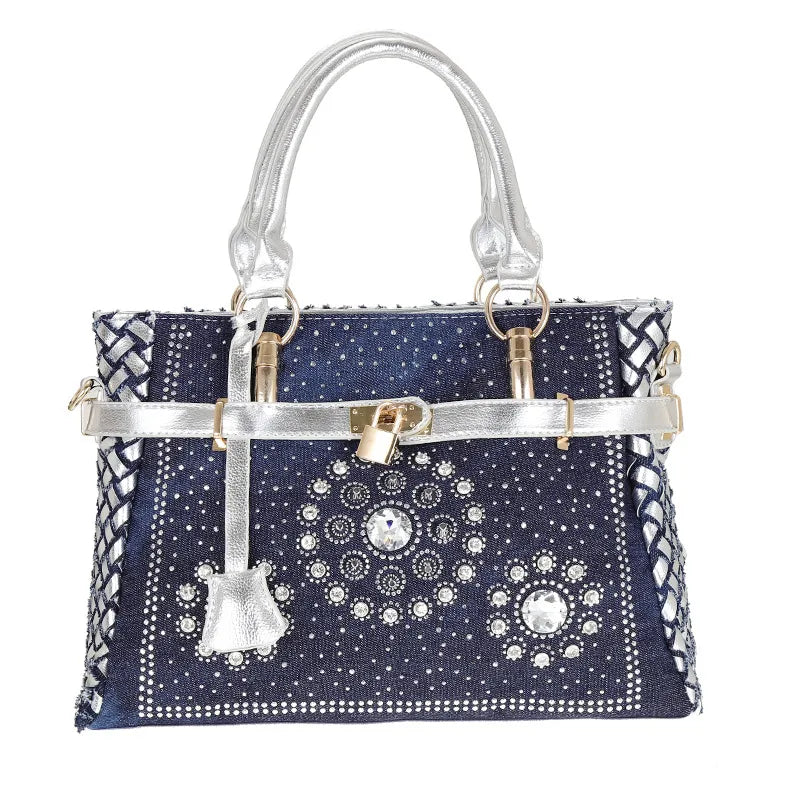 Women's Medium Denim Geometric Streetwear Lock Square Zipper Tote Bag