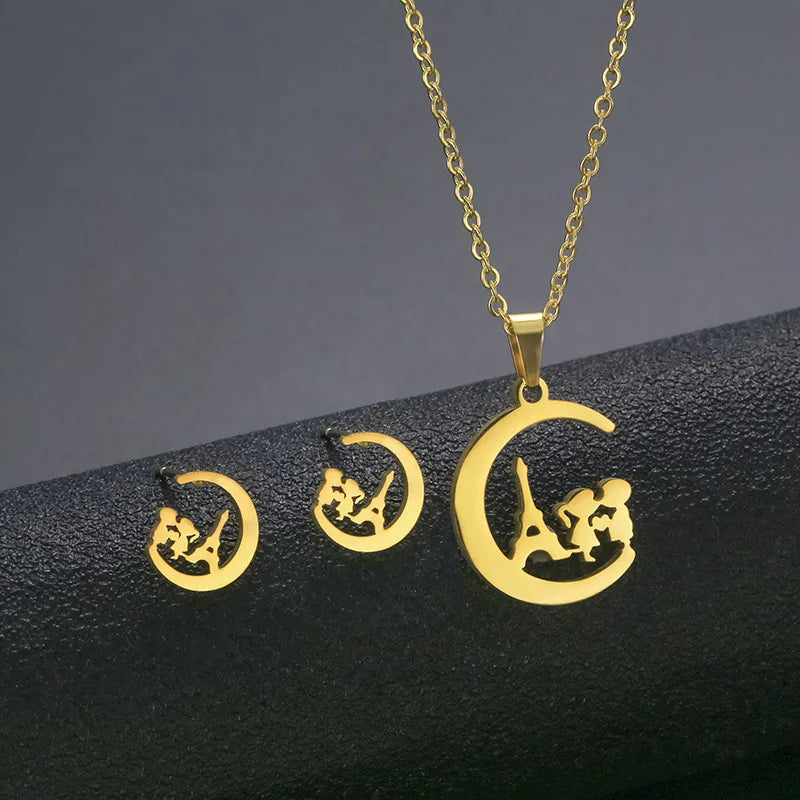 Wholesale Jewelry IG Style Casual Streetwear Moon Hand Of Fatima Butterfly 201 Stainless Steel cable chain Small Stud Earrings Necklace