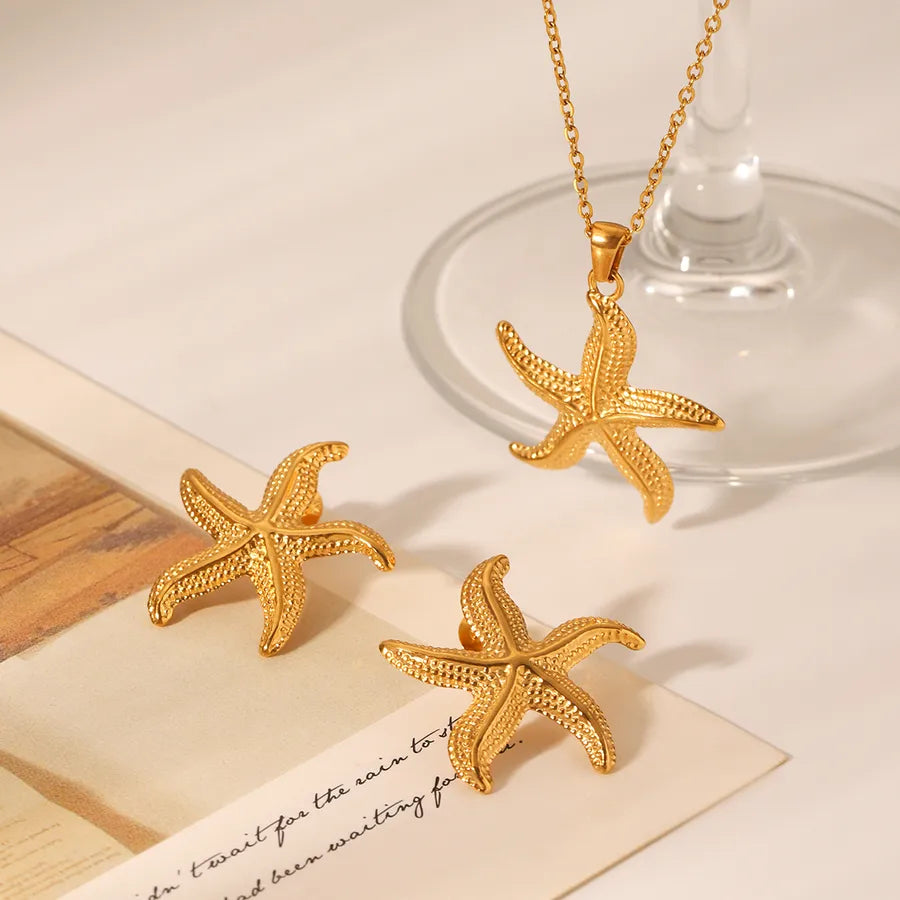 Wholesale Jewelry Hawaiian Bohemian Tropical Starfish 304 Stainless Steel 18K Gold Plated cable chain Pendant Necklace Drop Earrings