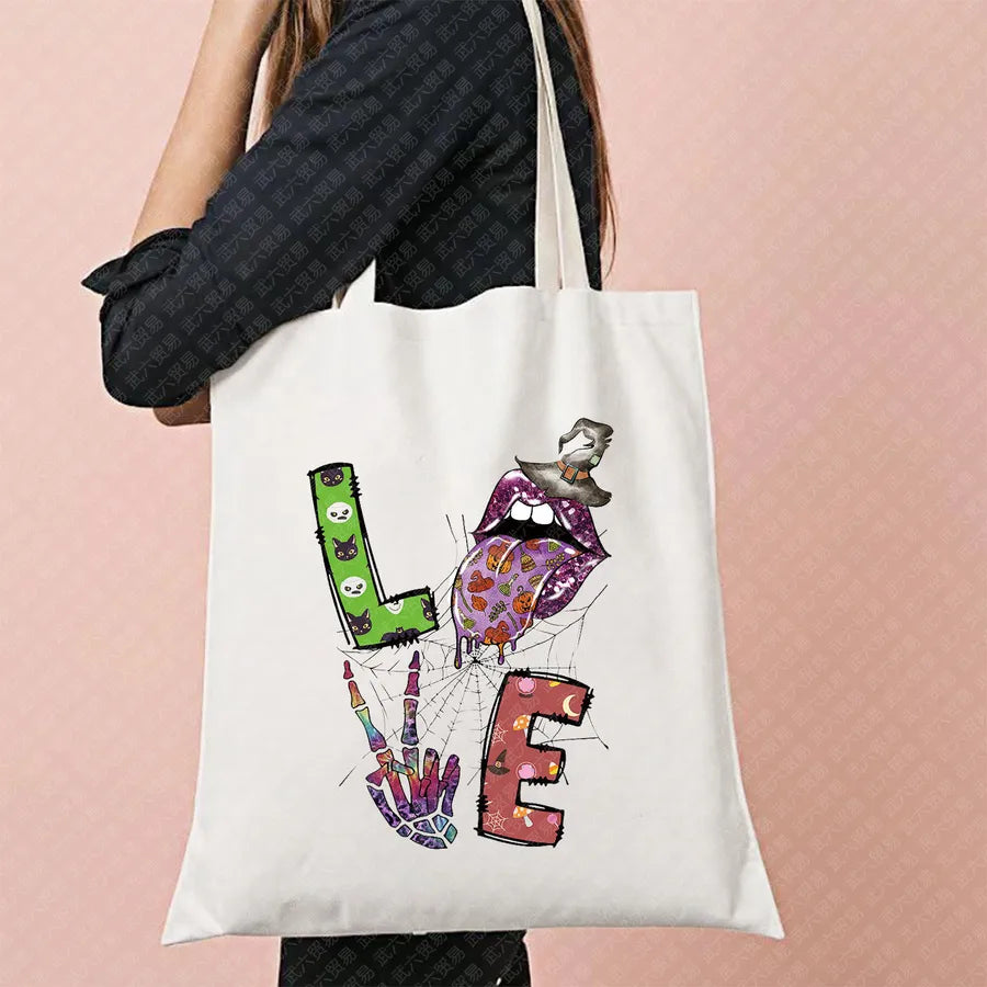 Scary Cat Halloween Pumpkin Pattern Canvas Tote Bag Reusable Shopping Bag Large Square Shape Double Shoulder Strap Tote Bag
