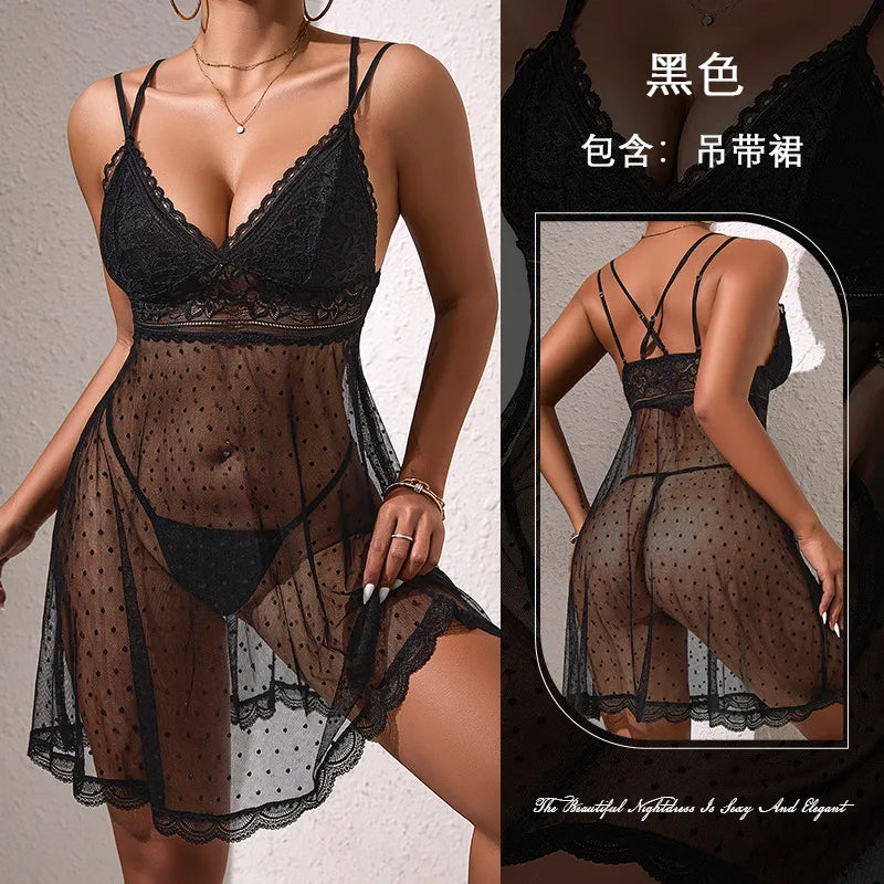 Elegant Lace Temptation Chemise Nightgown Sexy Polka Dot See Through Sleepwear Women's Home Clothes European Style Leisure Sleepwear
