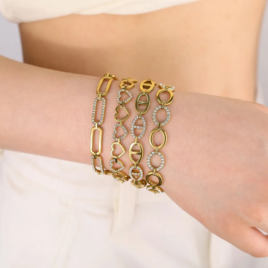 Simple Style Classic Style Commute Heart Shape 304 Stainless Steel 18K Gold Plated Zircon cable chain Bracelets In Bulk