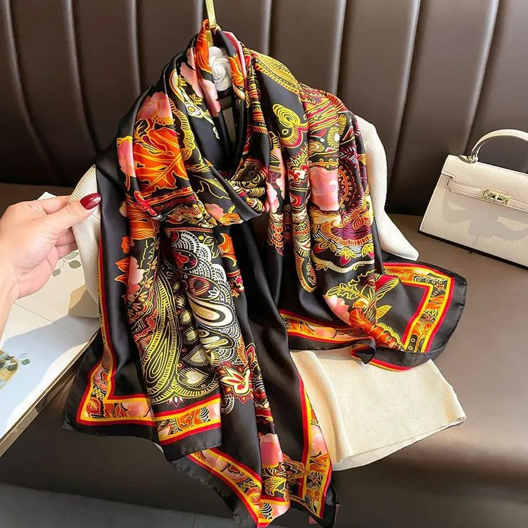 women's fashion letter plaid satin printing silk scarves