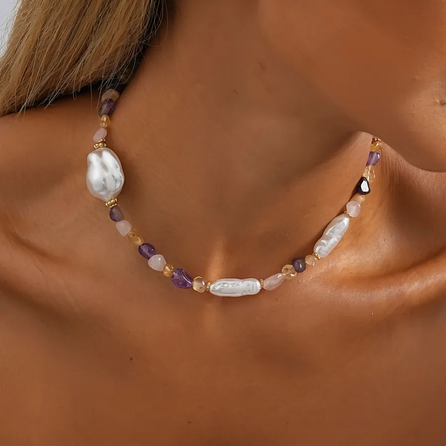 casual roman style geometric imitation pearl natural stone beaded plating necklace