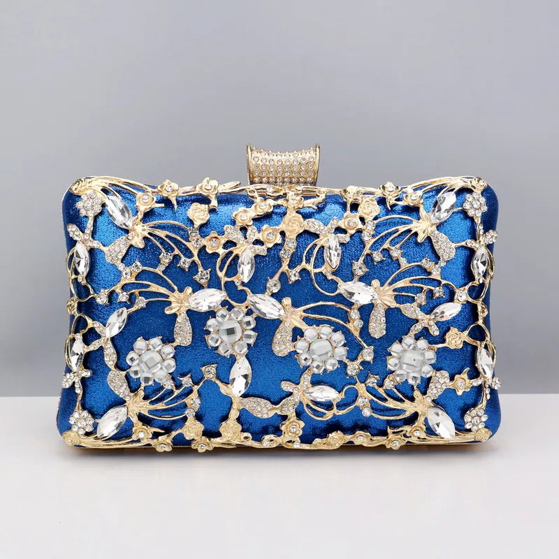 black gold silver pu leather flower rhinestone square clutch evening bag