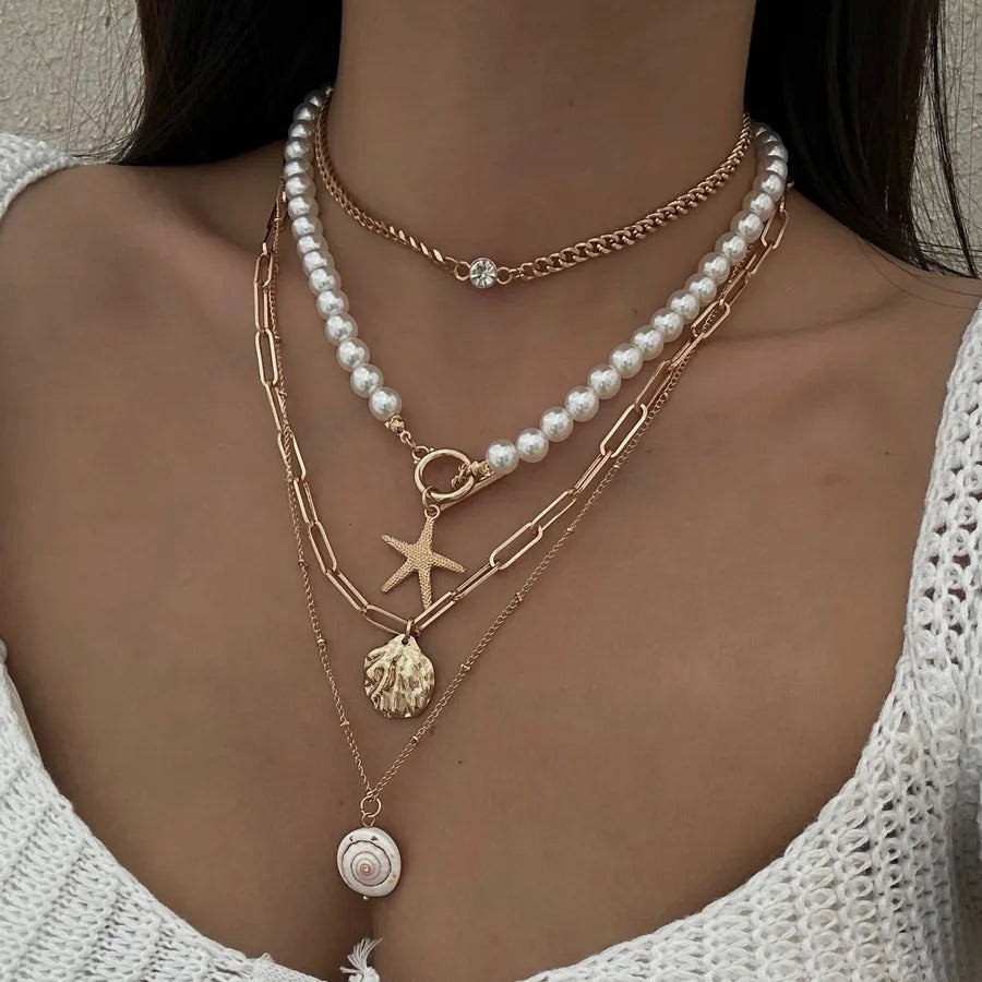 Beach Starfish Shell Imitation Pearl Alloy Iron Beaded Chain Layered Necklaces Wholesale