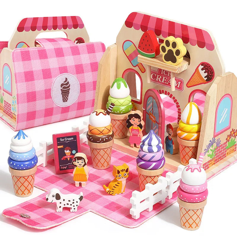 Children's Wooden Afternoon Tea Ice Cream Dessert Simulation Tea Set Handheld Box Baby House Role Play Educational Toys